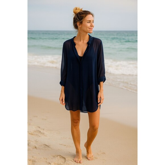 Tommy Bahama Sheer Tunic Top Cover Up Beach Size Medium Navy Blue Coastal Women - Picture 1 of 7